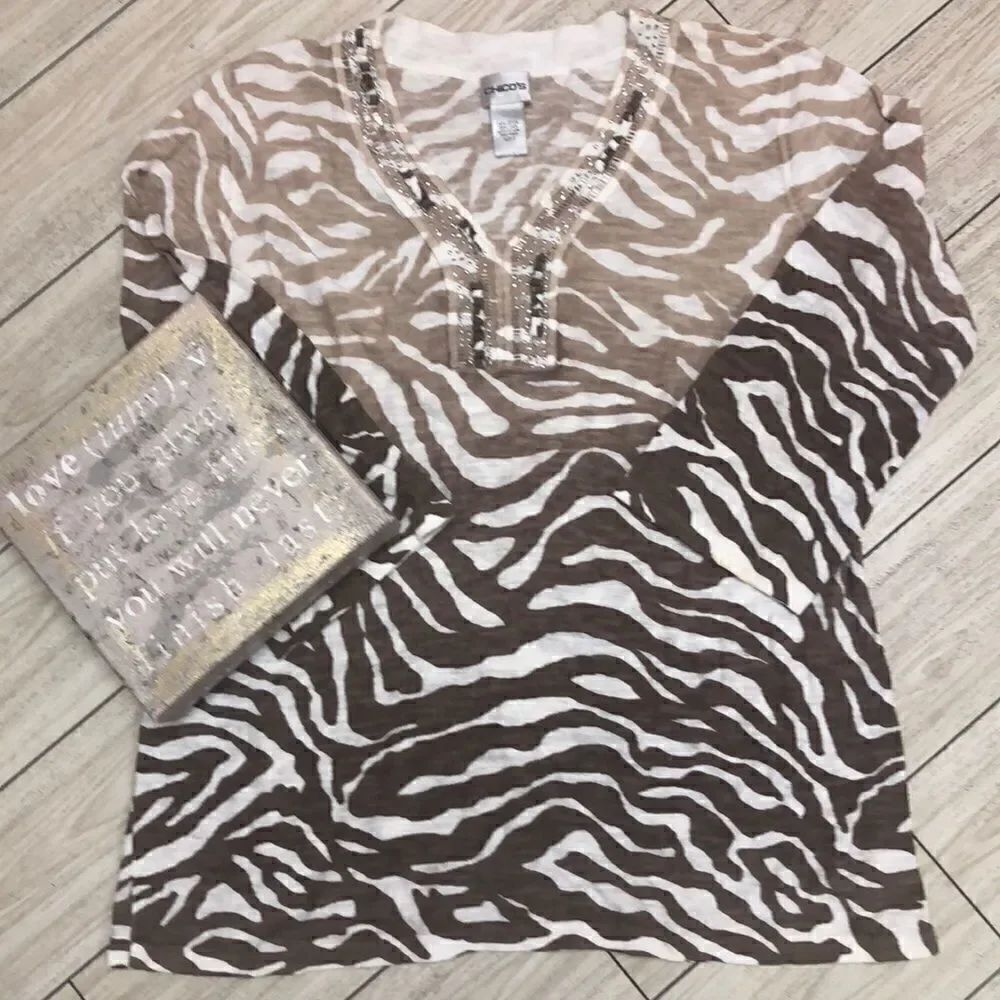 Chico’s taupe ombre zebra tunic with beads 2